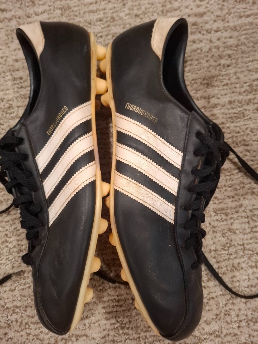Adidas Thoroughbred Soccer Cleats, size 13, black with white stripes, vintage!